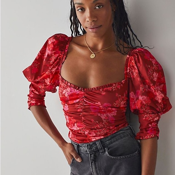 NEW For Love And Lemons Red Floral Print  Ruched Puff Sleeve Bodysuit Blouse XS - Picture 15 of 15